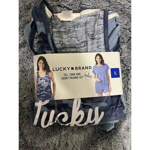 Lucky Brand Women's 3-piece Pajama Set Tee Tank and Short Size Large Blue